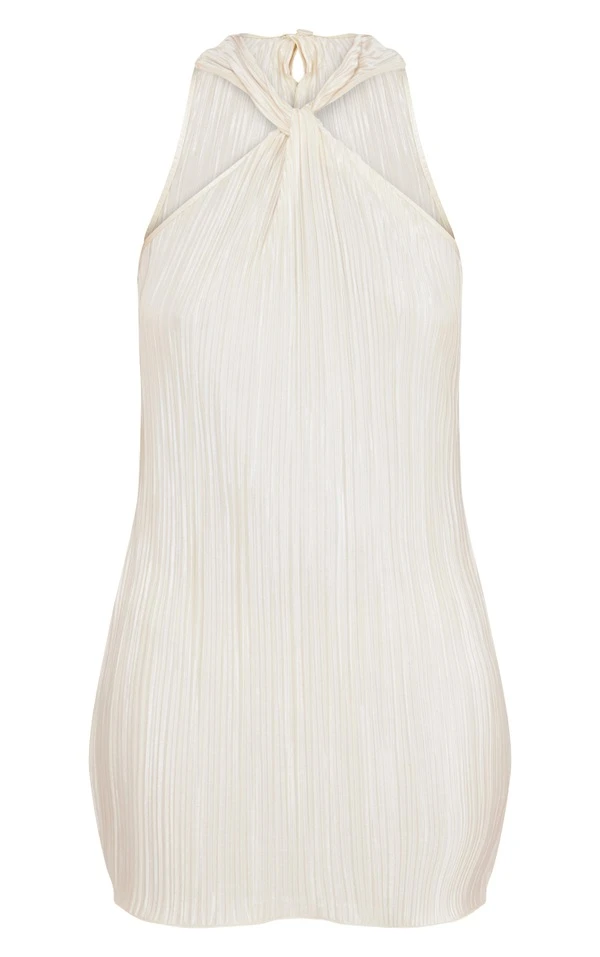 Robe Droite Plissée Crème Sans Manches à Col Torsadé 5 Robe Droite Plissée Crème Sans Manches à Col Torsadé – Image 5